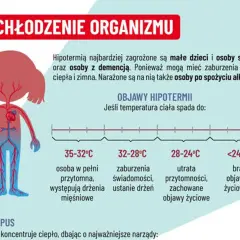 Objawy hipotermii: od drżeń mięśniowych po utratę przytomności i brak objawów życiowych. Wykres pokazuje etapy wychłodzenia organizmu.