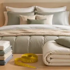 Neatly folded sheets in various colors are displayed next to a measuring tape, hinting at the twin sheet size. A made bed with a light green comforter and decorative pillows is in the background.