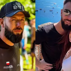 Sylwia Grzeszczak i jej partner na tle błękitnego morza i malowniczych widoków. On w czapce z wilkiem, ona z burzą rudych włosów.