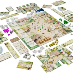 Brettspiel "La Granja Deluxe" mit vielen Komponenten: Spielbrett, Karten, Holzfiguren und mehr.