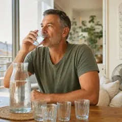Face à la canicule, cet homme boit de l'eau pour se rafraîchir. Une carafe et des verres sont sur la table.