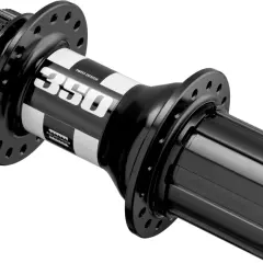 A black DT 350 hub with white stripes and "350 SWISS DESIGN" branding. It features a ratchet system for smooth engagement.