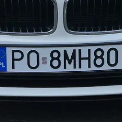 Tablica rejestracyjna PO 8MH80, wskazująca na rejestrację w Poznaniu.