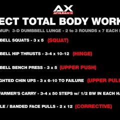 Plan FBW 3 dniowy: rozgrzewka, przysiady, hip thrusty, wyciskanie, podciąganie, farmer's walk, face pulls.