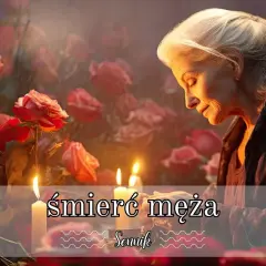 Sennik: śmierć męża. Starsza kobieta w zadumie, otoczona różami i płonącymi świecami, symbol żałoby i wspomnień.