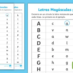 Tablas para practicar la correspondencia entre letras mayúsculas y minúsculas. La letra "y" minúscula aparece en la tabla.