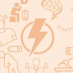 Ilustracja przedstawia różne obszary życia, gdzie ludzie są wyczerpani, z niskim poziomem baterii, symbolizującym brak energii.