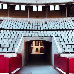 Tendidos vacíos en la plaza de toros de Las Ventas, con el plano de asientos visible y barreras rojas de picadores.