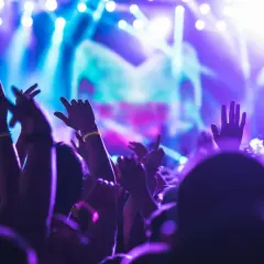 Mani alzate in un'atmosfera elettrica durante un rave party in Francia. Luci viola e blu illuminano la folla in estasi.