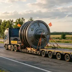 Ciężarówka transportuje ogromny element turbiny, którego maksymalna szerokość ładunku wymaga eskorty.