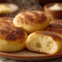 Dampfnudle moelleux et dorés, un délice de la recette traditionnelle. Vapeur s'échappant d'une assiette, avec du beurre et de la crème en arrière-plan.