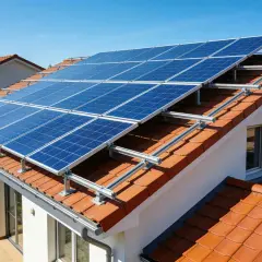 Panele słoneczne na dachu domu, zapewniające energię off grid.