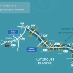 Carte de l'autoroute Blanche en France, montrant les péages traditionnels et les portiques de péage en flux libre prévus pour 2027.