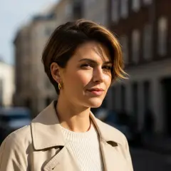 En kvinna med kort hår och en beige trenchcoat står på en stadsgata.