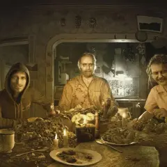 Rodzina Bakerów przy stole, kluczowa scena z gry Resident Evil 7 fabuła. Groza i makabra w wiejskiej posiadłości.
