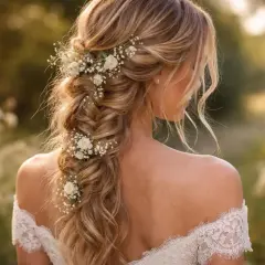 Coiffure bohème chic avec tresse ornée de petites fleurs blanches. Une mariée rayonnante dans un décor champêtre.
