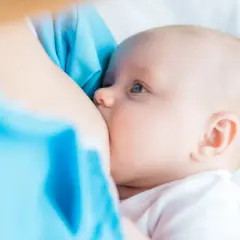 Un neonato si nutre al seno. La domanda su quanto deve mangiare un neonato è comune tra i neogenitori.