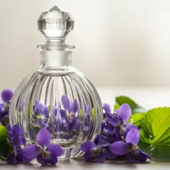 Szklana buteleczka perfum otoczona intensywną fiołką.