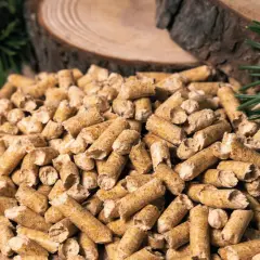 Gros tas de granulés de bois, parfaits pour la consommation pellet maison 80m2. Des branches de pin et des rondins de bois en arrière-plan.