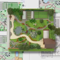 Progetto di paesaggistica semplificata con vialetti sinuosi, laghetti, serre, un'area giochi e una casa.