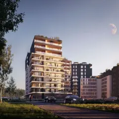 Nowy Czechów: nowoczesne apartamentowce z tarasami i zielenią, z księżycem na niebie.