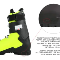 Jak dobrać rozmiar butów narciarskich? Na skorupie buta narciarskiego znajdziesz rozmiar w milimetrach, np. 325 mm.
