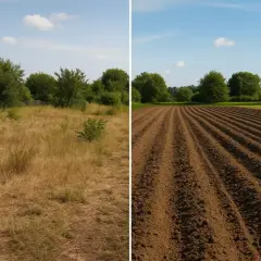 Due diversi tipi di terreni: un campo incolto con erba secca e un campo arato con solchi ordinati, pronti per la semina.