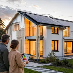 Coppia valuta l'efficienza energetica di una casa con pannelli solari, pensando all'obbligo cappotto termico 2030.
