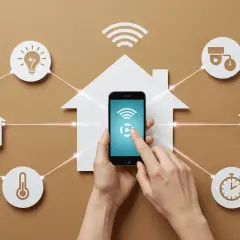 Mano controla un smartphone que gestiona un hogar inteligente. Cada dispositivo, como la luz o el microondas, es un actuador que responde a comandos.