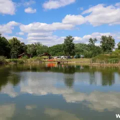 Spokojne jezioro w Bełchatowie z odbijającymi się chmurami. Na brzegu widać kajaki, altany i samochody.
