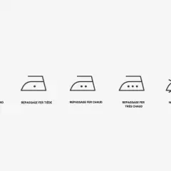 Cinq icônes de logo fer à repasser indiquant différentes températures : froid, tiède, chaud, très chaud, et ne pas repasser.
