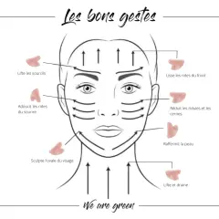 Illustration montrant les bons gestes pour un facial massage avec des outils Gua Sha pour lifter, lisser et raffermir la peau.