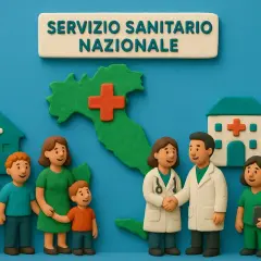 Famiglia e medici si stringono la mano davanti a ospedali e alla mappa d'Italia, simbolo del sistema sanitario nazionale.