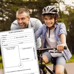 Karta rowerowa jak wygląda: formularz z danymi, obok uśmiechnięty ojciec i syn na rowerach.