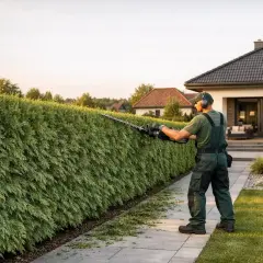 Ogrodnik przycina żywopłot z tui, dbając o jego kształt. To idealny moment, kiedy przycinać tuje, by zachować piękny wygląd ogrodu.