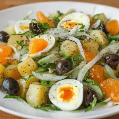 Ensalada malagueña con patatas, huevo duro, aceitunas, mandarina y hinojo. Un plato fresco y lleno de sabor.