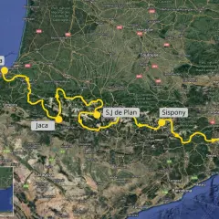 Mapa de la ruta transpirenaica, con puntos clave como Hondarribia, Jaca, S.J de Plan, Sispony y Cadaqués.