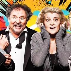 Świat według Kiepskich obsada: Ferdynand, Halina, Boczek i Mariolka w kolorowym, komiksowym stylu.