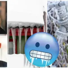 Kallt ute! Isiga istappar hänger från ett tak, en frostig kran och en blå emoji som fryser. Tänk om det är frusna vattenledningar i marken.