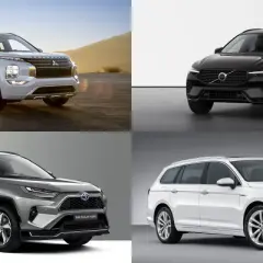 Fyra modeller av bra hybridbilar: Mitsubishi Outlander, Volvo XC60, Toyota RAV4 och Volkswagen Passat.
