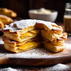 Délicieux millefeuilles à la crème, leur pâte feuilletée dorée saupoudrée de sucre glace.