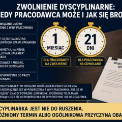 Zwolnienie dyscyplinarne wg art. 52 Kodeksu Pracy: podstawy, terminy (1 miesiąc dla pracodawcy, 21 dni dla pracownika) i roszczenia.