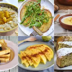 Variedad de recetas para merendar: avena con mango, tostadas francesas, mango en rodajas, pastel de manzana y más.