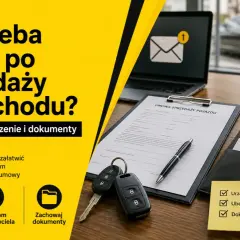 Jak sprzedać auto? Na stole umowa, kluczyki, dokumenty: dowód rejestracyjny, karta pojazdu, polisa OC. W tle czarny samochód.