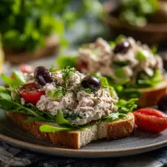 Två öppna smörgåsar med tonfisksallad, ruccola, körsbärstomater och oliver. En läcker och fräsch tonfisksallad.