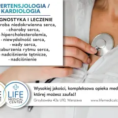 Dłoń lekarza zكزtem na piersi, obok tekst o kardiologii.