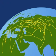 Gelbe Linien verbinden Punkte auf einer stilisierten Weltkugel, die Europa und Asien zeigt. Dies symbolisiert weltweite Sendungsverfolgung und globale Verbindungen.