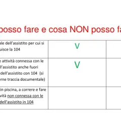 Tabella che illustra cosa si può fare e cosa no, con la Legge 104. Si può stare vicini all'assistito e svolgere attività connesse alle sue esigenze, anche fuori casa. Non si può invece fare attività non connesse.
