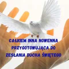 Dłonie otwarte ku niebu, biały gołąb symbolizuje obietnicę Ducha Świętego.