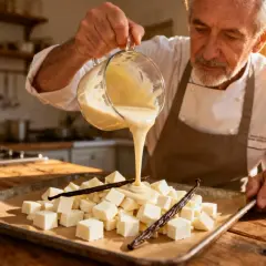 Un chef verse une ganache vanille onctueuse sur des cubes de chocolat blanc et des gousses de vanille.